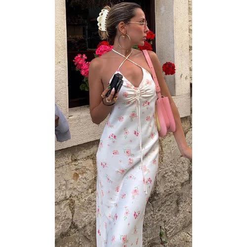 Maxi DreFlower Print Women Satin Strap Midi Dress ss