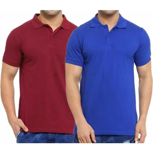 Short Sleeves Polo Shirts  - Wine And Blue -Set Of 2