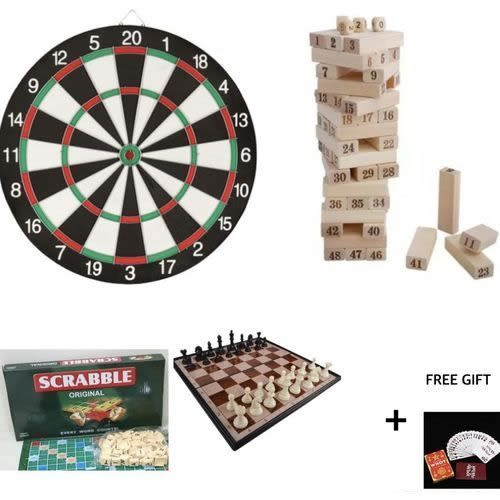 4 In 1 Board Games - Dart Scrabble Chess & Jenga + Free Whot
