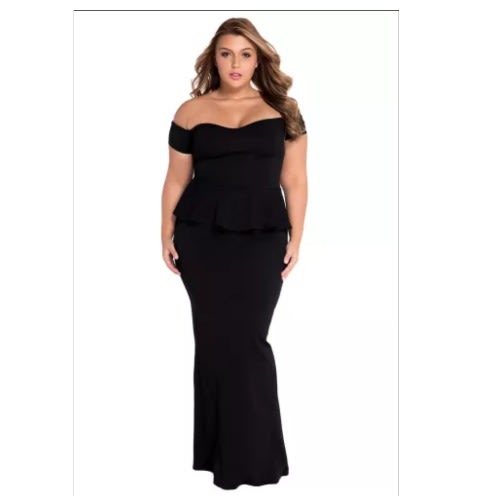 Women's Peplum Maxi Dress With Drop Shoulder - Black