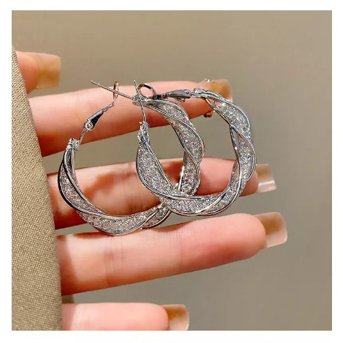 Cubic Zirconia Twist Hoop Earring - Silver
