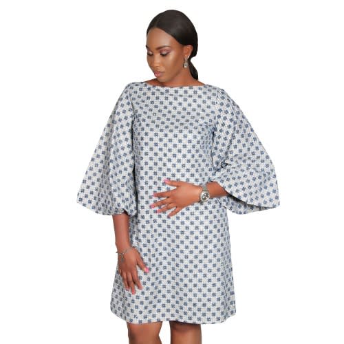Full Stoned Ankara Dress With Flared Sleeves - Blue & Grey - Lg-4473
