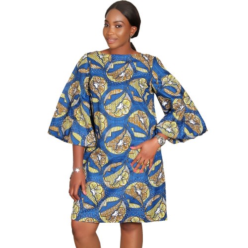 Ankara Stoned Midi Dress With Flared Sleeves - Blue - Lg-4460