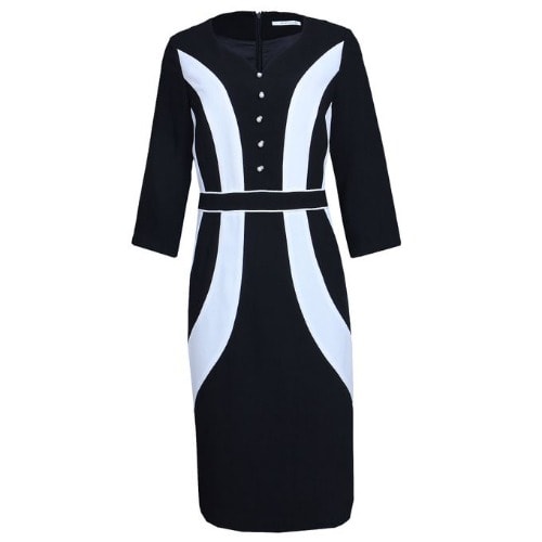 Round Neck Short Sleeve Dress With Stud - Black & White - Lg-5019