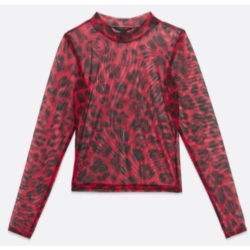 Leopard Print Mesh High Neck Top - Red