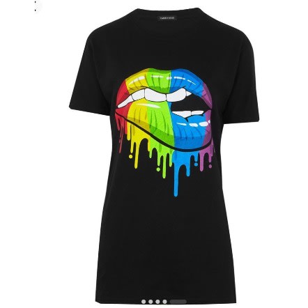 Multicolored Rainbow Lips Print T-shirt - Black