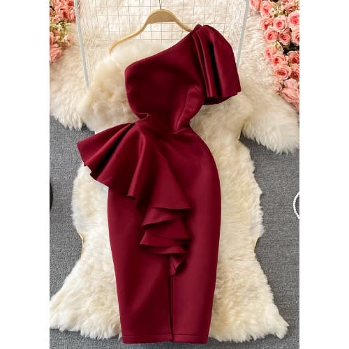 Mono Asymmetric Ruched Dress - Wine