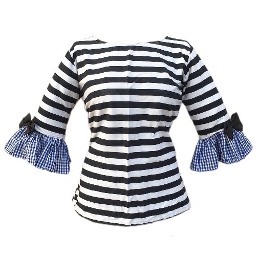 Black And White Stripe Top With Ruffle Plaid Sleeve And Bow
