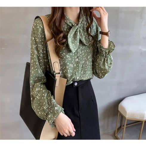 Monochrome Tie-neck Blouse - Green