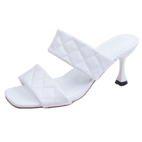 Stitched Leather Pencil Heel Open Toes Slippers - White