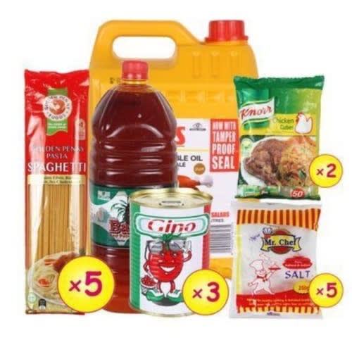 Food Combo  Spaghetti X5, Maggi Knorr X2, Salt X5, Gino X3 Vegetables Oil 5l Palm Oil 2l