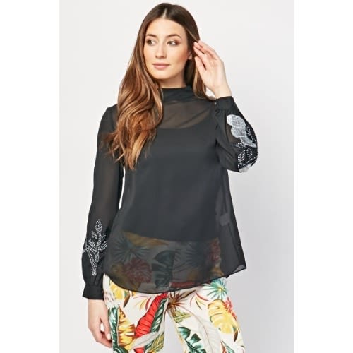 Embroidered  Flower Encrusted Blouse - Black