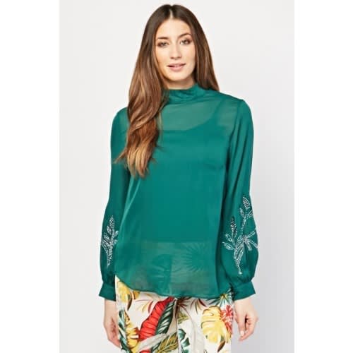 Embroidered  Flower Encrusted Blouse - Green