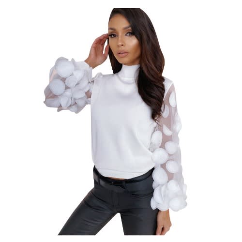 Dot Print Lace Decor See Through O-neck Puff Sleeve Blouse