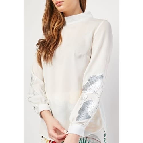 Embroidered White Flower Encrusted Blouse