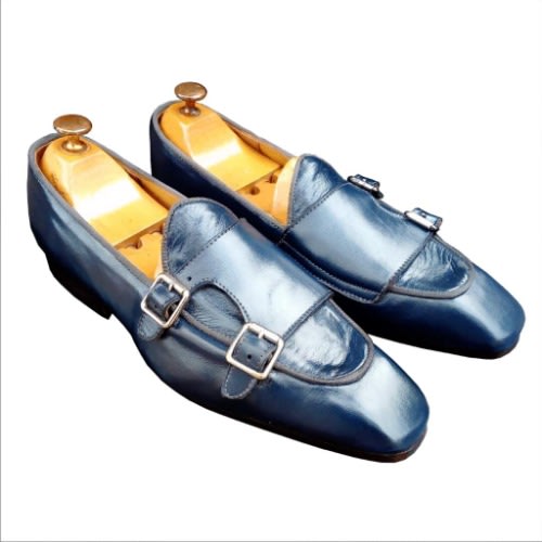 Men's Navy Blue Double Monk Strap Belgian Loafers