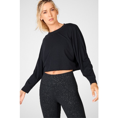 Women's Plain Black Long Sleeve Round Neck Crop Top Tshirt