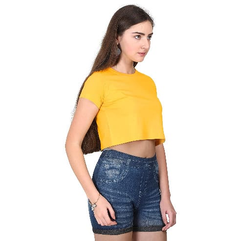 Women's Plain Yellow Round Neck Crop Top Tshirt