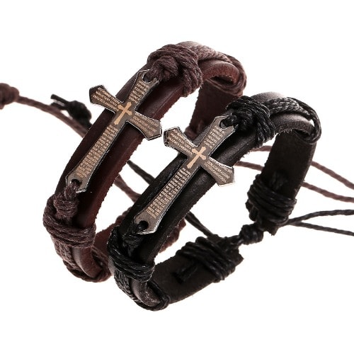 Faux Leather Rope Alloy Cross Bible Scriptures Bracelet - Black And Brown