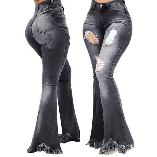 Broken Hole High Waist Tassel Flared  Women Jean