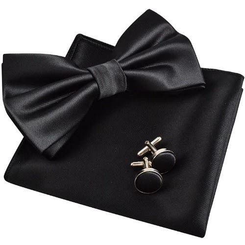 Men's Bowtie With Cufflinks And Pocket Square  - Black