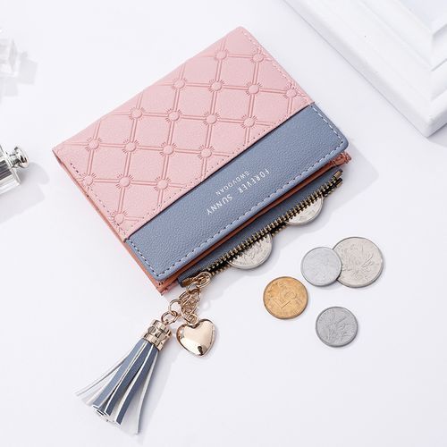 Women Tassel Short Wallet Zipper Credit Card Purse（Pink）