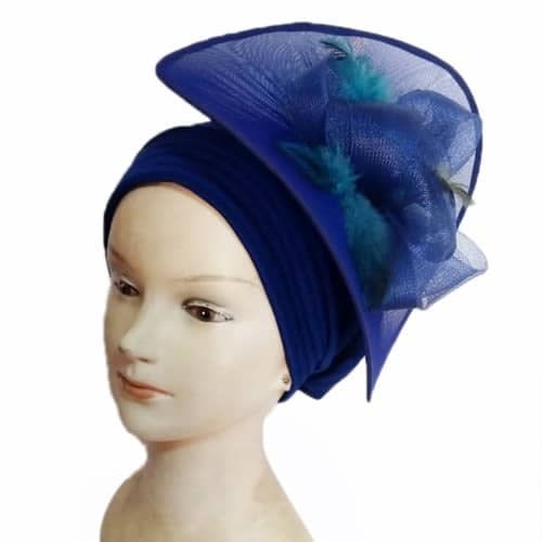 Ladies Turban Cap With Fascinator -BLUE