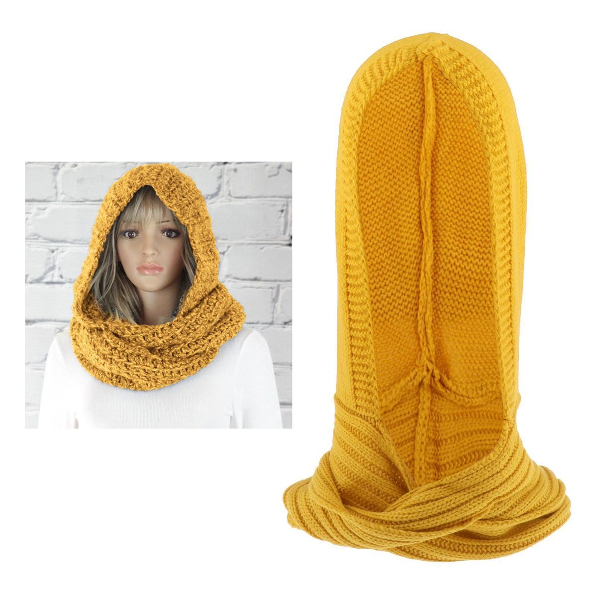 Lady Hooded Scarf Warm Knitted Hoodie 3 In 1 Shawl Headscarf Yellow