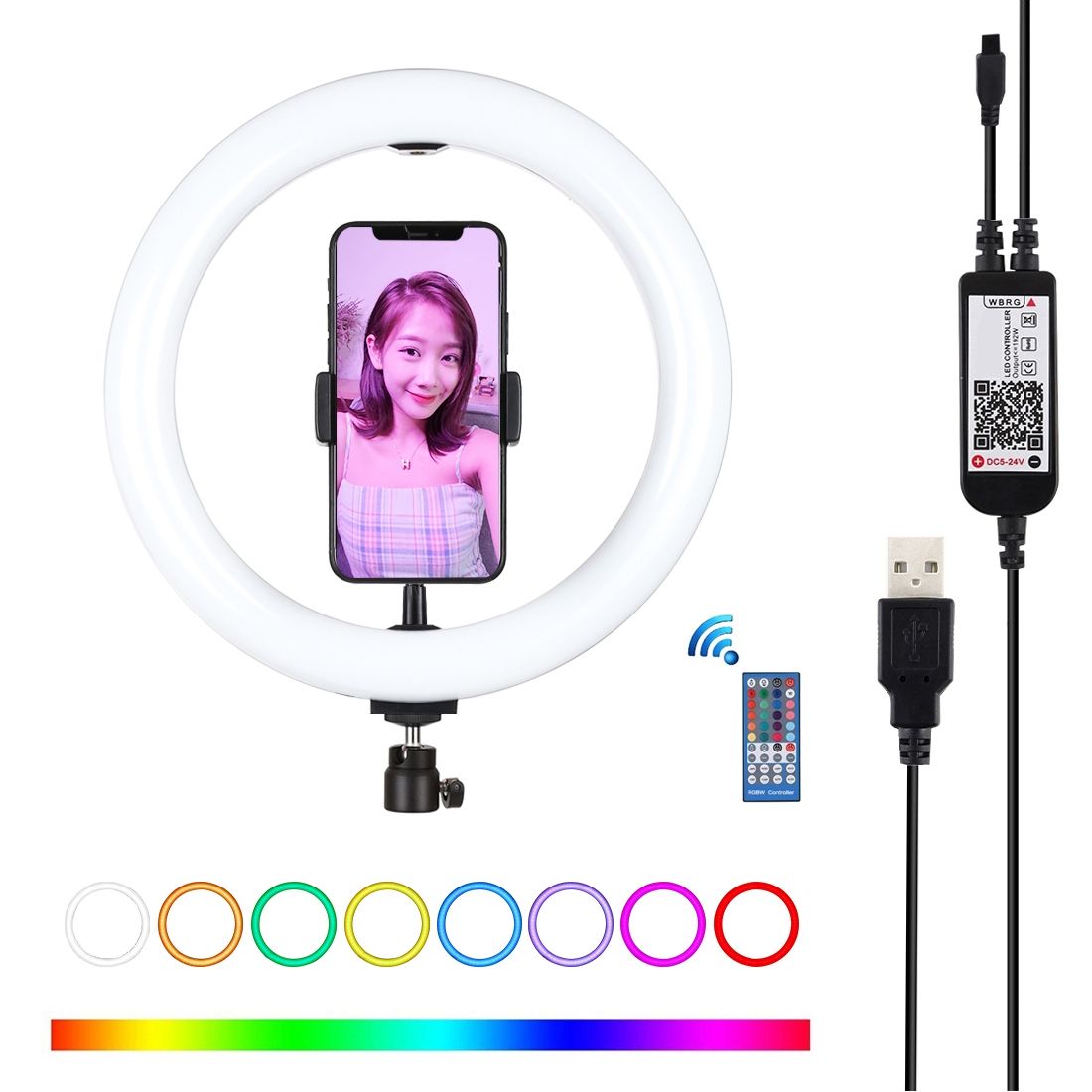 10.2 Inch 26cm USB RGBW Dimmable LED Ring Vlogging Photography Video Lights With Cold Shoe Tripod Ball Head & Remote Control & Phone Clamp(Black)