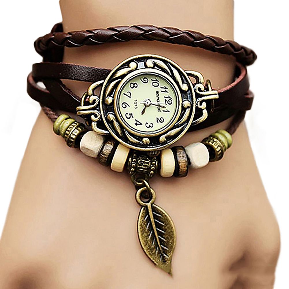 Retro Multilayer Leaf Pendant Bead Braided Faux Leather-