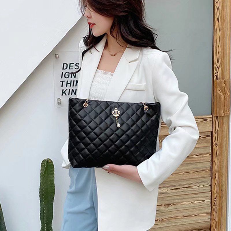 Women Fashion High Capacity Tote Bag Crown Pearl Shoulder Bag Chain Rhombus Handbags For Ladies