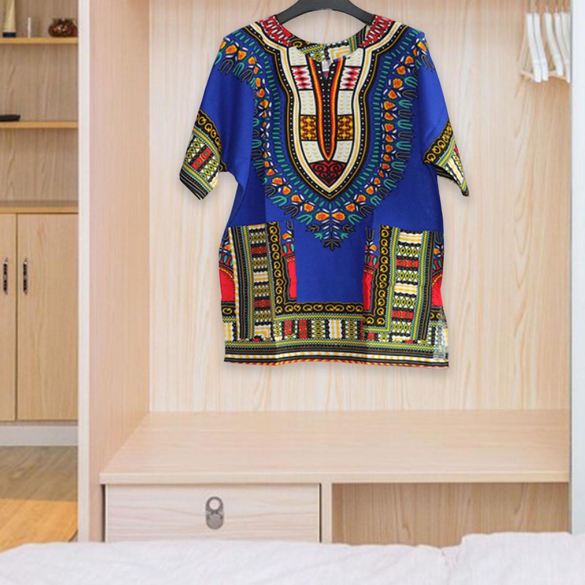 Men Women African Dashiki T Shirt Bright Colour V Neck One Size  Blue
