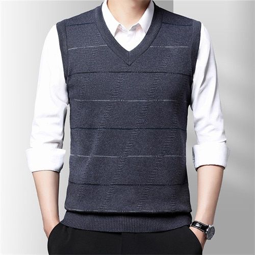 Khaki Striped Cardigan Men's Fall V-neck Long Sleeve Sweater Coat-BH09 Grey