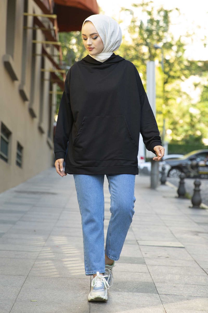 Kangaroo Pocket Sweat MD Black Winter Autumn Muslim Women Hijab-Color