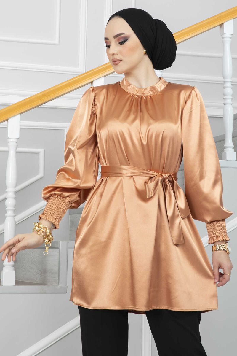 Satin Women Tunic Muslim Tops Luxury Dubai Turkish Dress Modest-Gold