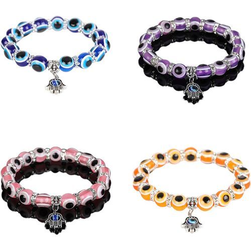 4 Pcs Evil Eye Bead Bracelet Hamsa Hand Fatima Charm Stretch