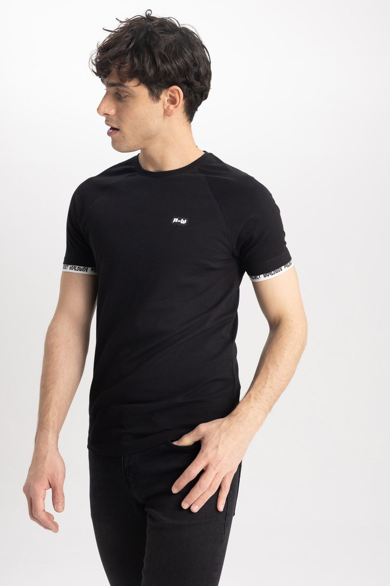 Man Young Muscle Fit Crew Neck Short Sleeve Knitted T-Shirt - Black
