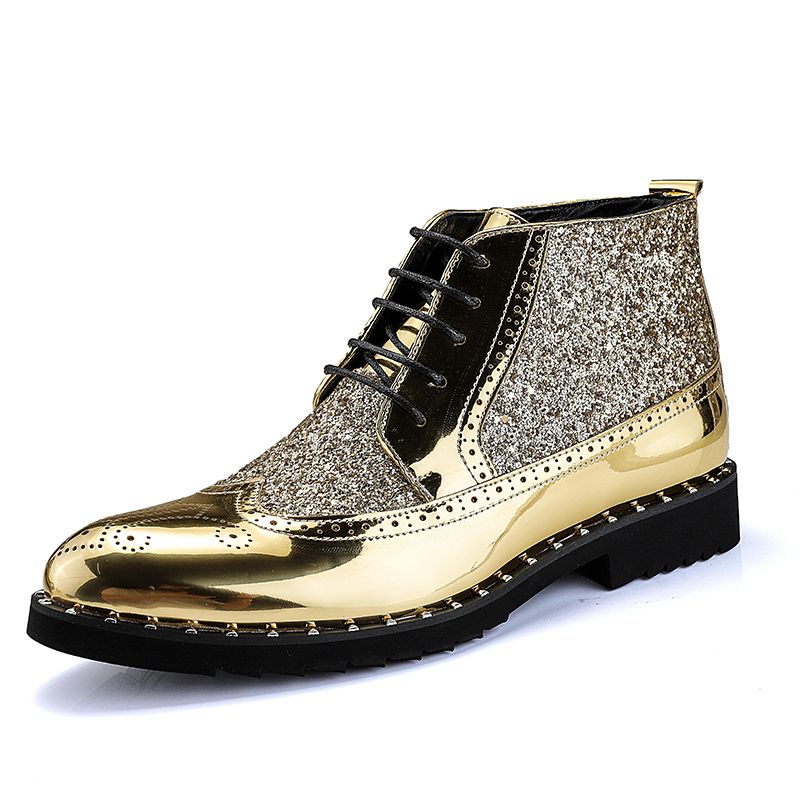 Men Sequined Leather Boots Fashion Pointed Martin Ankle Chelsea Boots