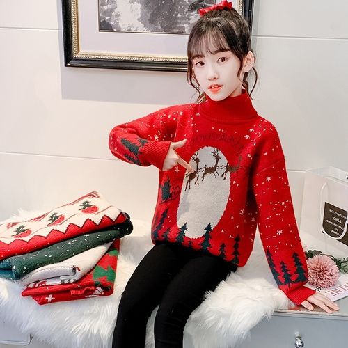 Christmas Children Pullover Knit Bottoming Shirt (Color:Red Size:130)