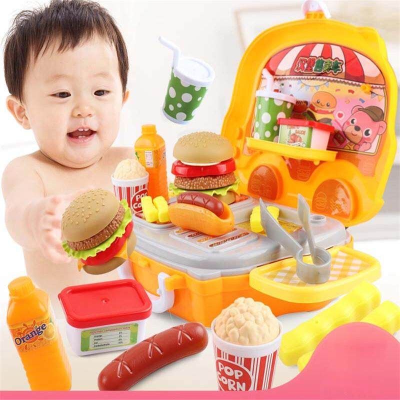 Children Toy Kitchen Cooking Utensils Dressing Table Hamburger Suitcase Trolley 3-6 Years Old Family Toys Burger Car