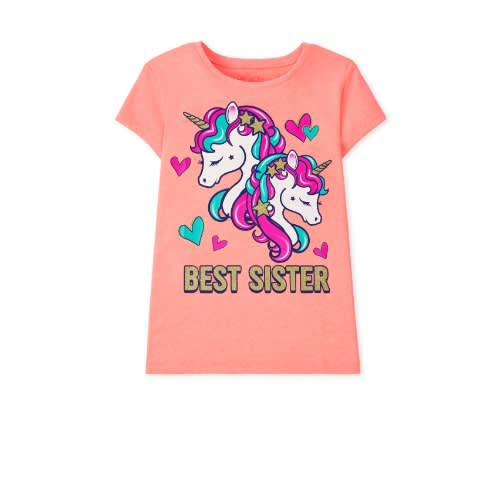 Girls Unicorn Best Sisters Love Glitters Graphic Top- Coral