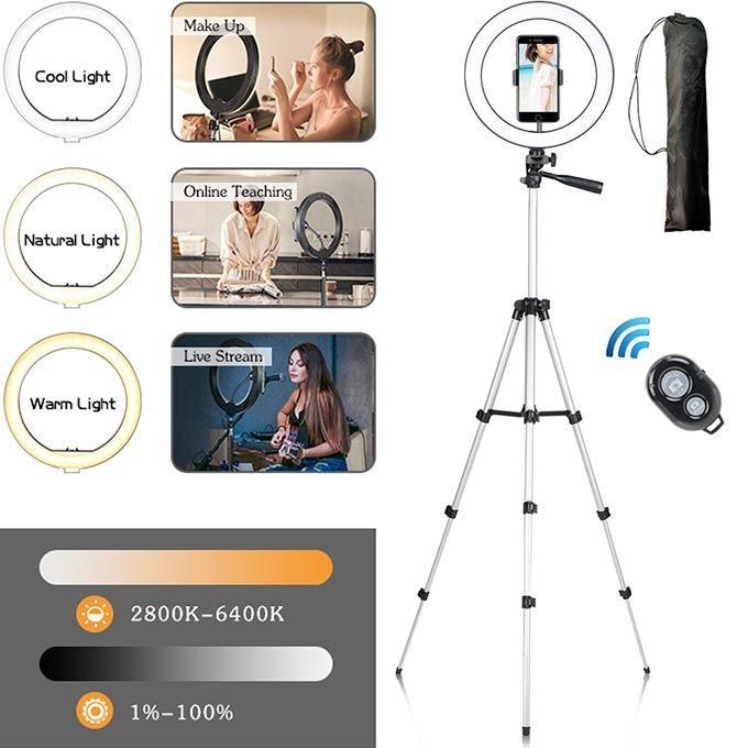 Retractable tripod and phone holder, dimmable LED beauty selfie ring light for TikTok photography, color temperature 3000-6000K