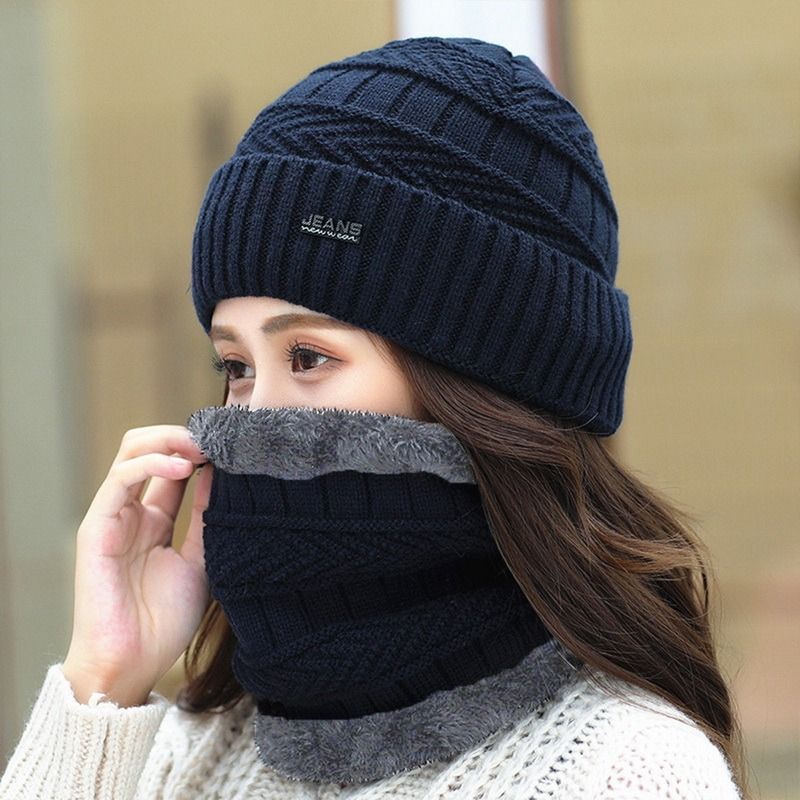 Balaclava Women's Knitted Hat Scarf Caps Neck Warmer Winter Hats For Men-Navy