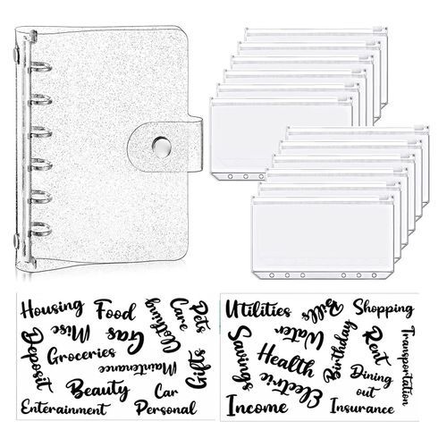 A7 Mini 6-Ring PVC Binder Cover With 12 Pcs Binder Pockets And 2 Sheets Cash Envelope Sticker For Planner Saving Money Budgeting Glitter Transparent