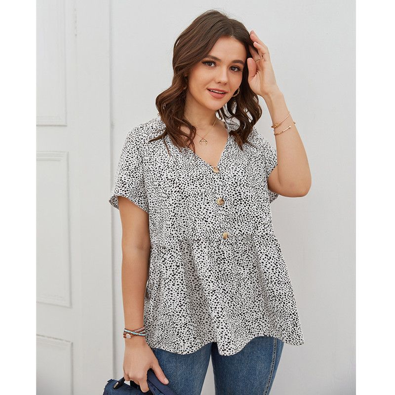 XL-4XL Women V Neck Short Sleeve Leopard Print Plus Size Blouse White 2576