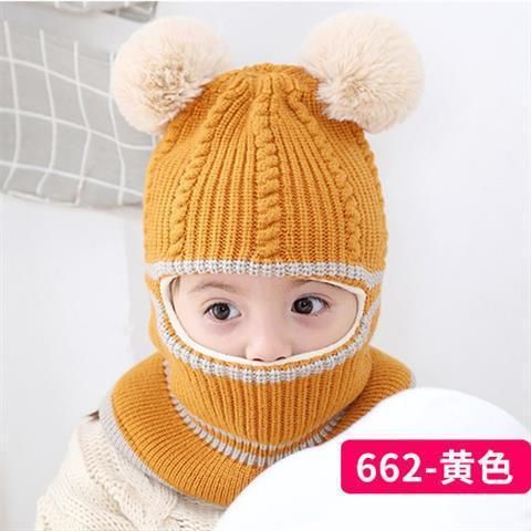 (Yellow)2021 Hat Scarf Set Pompom Cartoon Infant Baby Girl Boy Winter Hat For Kids Warm Knitte XXA