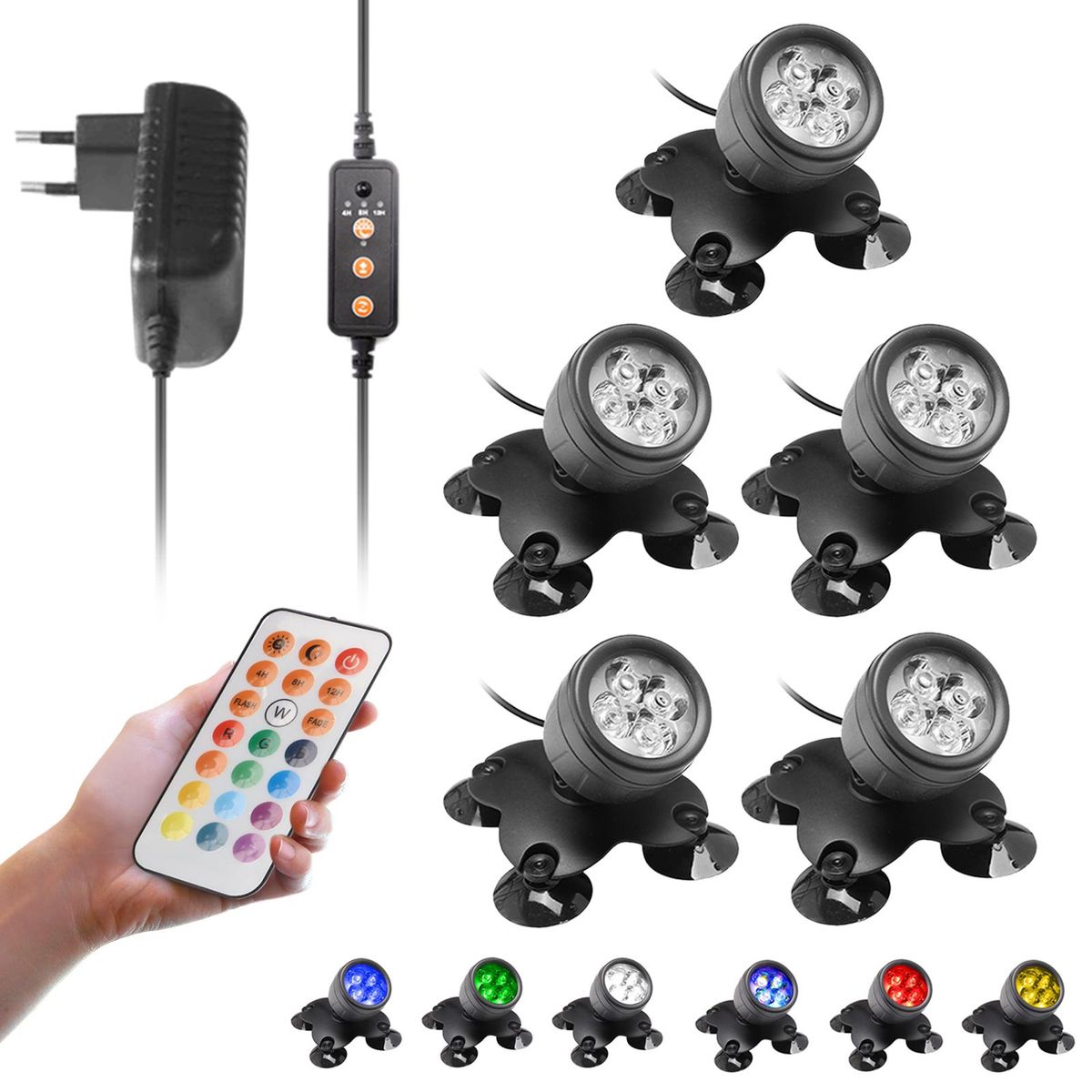 5PCS 4 LEDs RGB Underwater Diving Lamp Light Kit Set with Remote Controller Line Control Rotatable Illumination Angle IP65 Water Resistance Dimmable Brightness Speed Adjustable 2 Diverse Lighting Effects 3 Levels Timer T-ime 