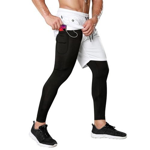 Men Gym Leggings Sweatpants Quick Dry Running 2 In 1 Compression Elastic Track Pants Workout Seamless Joggers Tights Sport Man(#White)