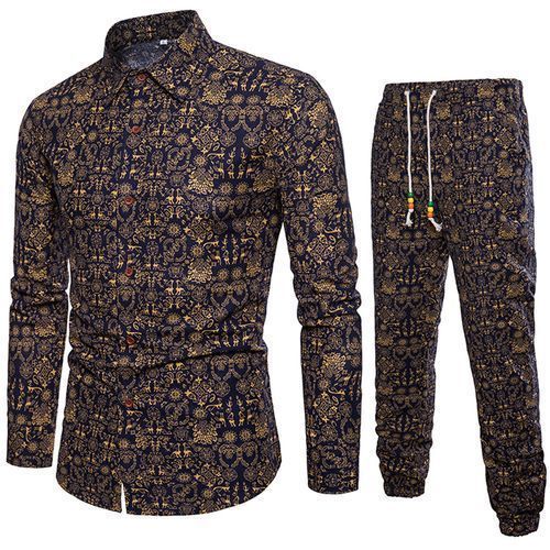 Men's Fashion Long Sleeve Trousers Printed Suit
