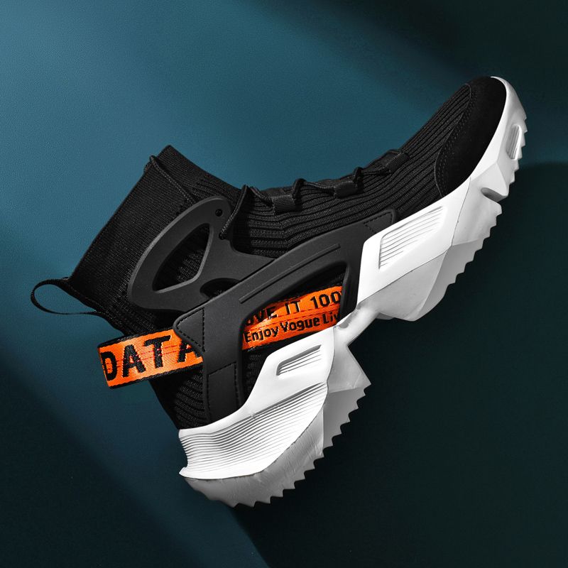 High-top Socks Sneakers Men Shoes Size 45 46 Elastic Knit Upper Breathable Sport Shoes High Top Basketball Shoes For Men Jogging Shoes Trend Street Thick Bottom Casual Chunky Platform Sneakers Black